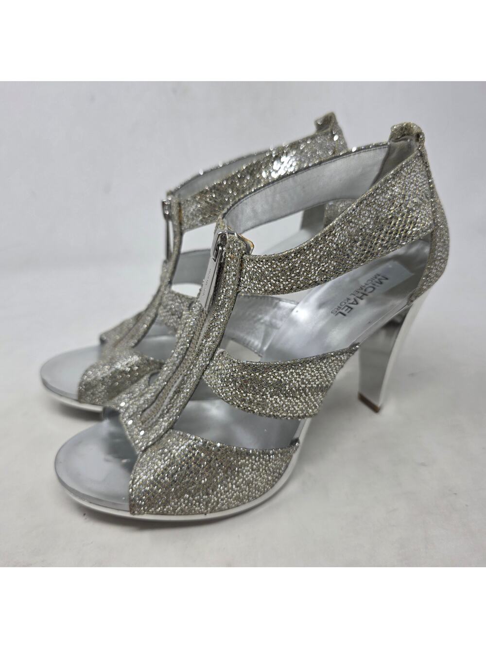 Michael Kors Silver Glitter T-Strap High Heel Sandals Womens Size 7